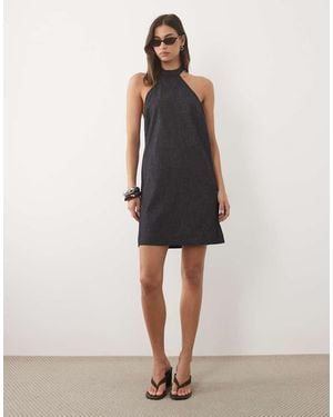 Mango Denim Halterneck Mini Dress - Natural