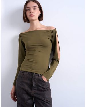TOPSHOP Top De Manga Larga Con Detalle Retorcido En El Hombro De - Verde