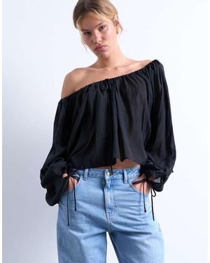 TOPSHOP Blusa Negra De Manga Larga Y Corte Trapecio Con Detalle De Lazada De - Azul