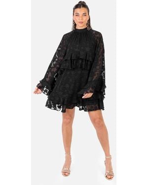 ANAYA Floral Burnout High Neck Ruffle Sleeve Shift Mini Dress - Black