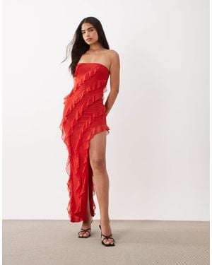 Oh Polly Bandeau Asymmetric Ruffle Detail Maxi Dress - White