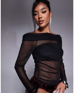 ASOS Fold Over Gathered Off Shoulder Long Sleeve Mesh Top - Blue