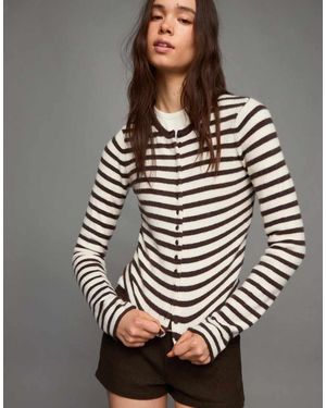 Bershka Striped Knit Cardigan - Grey