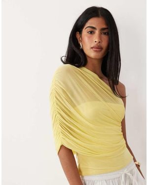 ASOS Mesh One Shoulder Top With Ruching - Yellow
