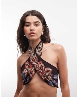 River Island X Terry De Havilland Beaded Floral Halterneck Top - Black