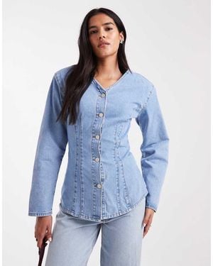 ASOS Cinched Waist V Neck Denim Shirt With Shoulder Pad - Blue