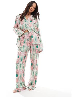 Threadbare Printed Long Button-Through Pyjama Set - Green