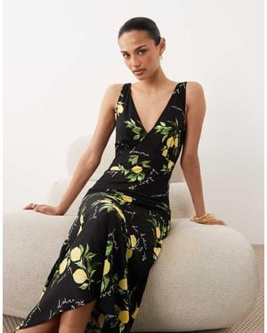 New Look Lemon Print V Neck Midi Dress - Black
