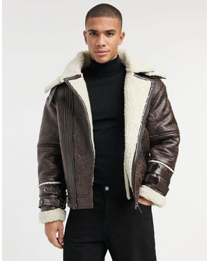 River Island – e oversize-bikerjacke mit lammfellbesatz - Braun