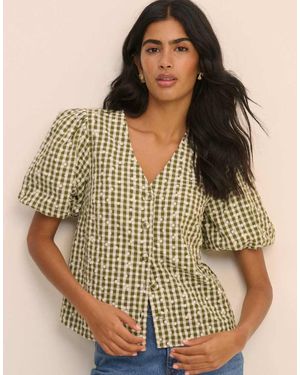 Nobody's Child Gingham Embroidered Puff Sleeve Top - Brown