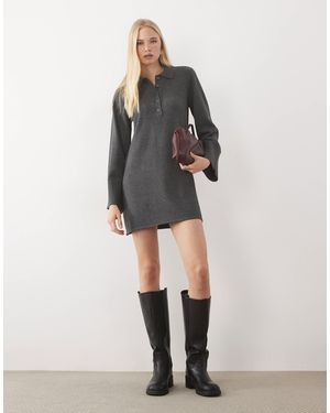 Aware Long Sleeve Polo Neck Knitted Mini Dress - Grey