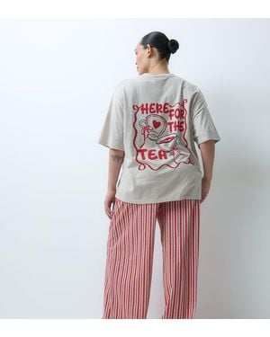 ASOS Asos Design Curve Oversized Tee And Wide Leg Pyjama Set With Tea Graphic - Red