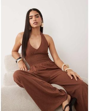 ASOS Crochet Shirred Jumpsuit - Brown