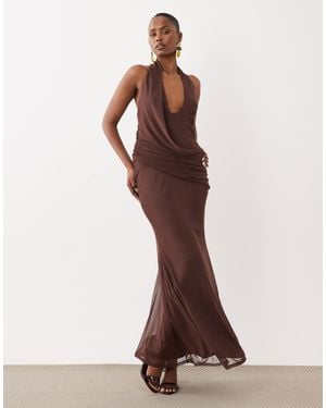 ASOS Mesh Halter Maxi Dress With Draped Sash Detail - Brown