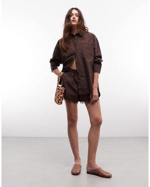 Noisy May Oversized Shirt Co-ord With Lace Pocket Detail - Brown