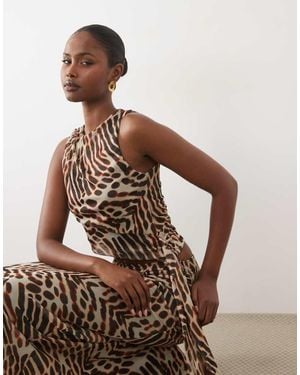 ASOS Co-ord Printed Stretch Chiffon Slash Neck Top With Sash - Brown