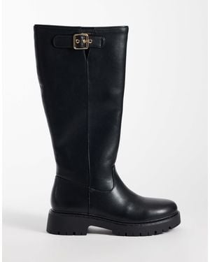 London Rebel Trista Chunky Knee Boots With Buckle Details - Black