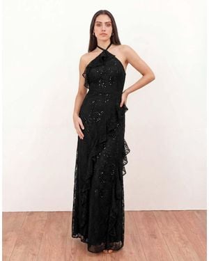 Maya Embellished Halter Neck Lace Maxi Dress - Natural
