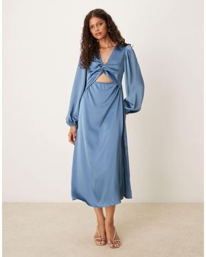 Vila Long Sleeve Twist Front Satin Midi Dress - Blue