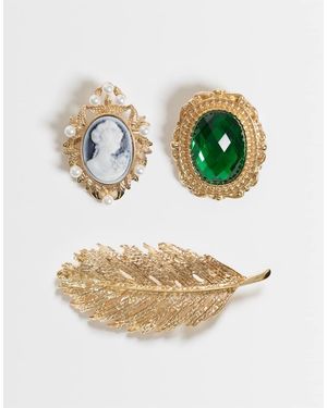 ASOS Brooch Pack With Multi Vintage Design Stone Set With Xl Feather Brooch - Metallic