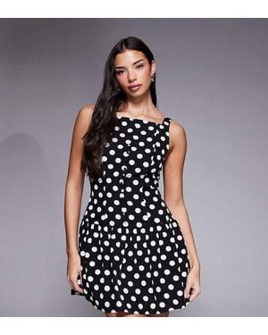 Kaiia Exclusive High Square Neck Button Front Gathered Skirt Mini Dress - Black