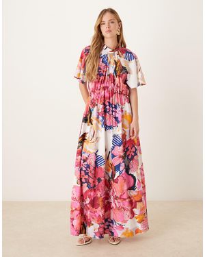 Y.A.S Robe mi-longue à manches évasées et imprimé floral abstrait - rose - Rouge