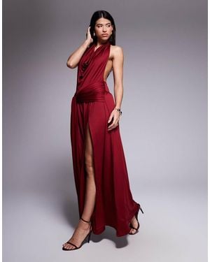 Aria Cove Slinky Cowl Neck Exposed Back Drape Front Detail Thigh Split Maxi Dress - Red