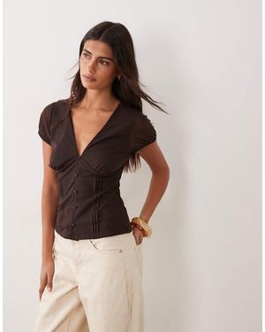 New Look Mesh V-neck Button Top - Brown