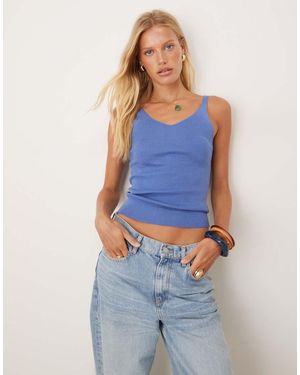 Mango Knitted V Neck Cami Top - Blue