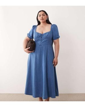 Nobody's Child Denim Button Front Puff Sleeve Midi Dress - Blue