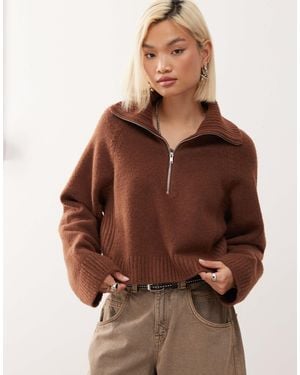Monki Half Zip Sweater - Brown