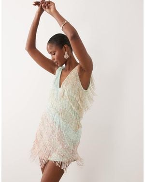 ASOS Embellished Fringe V Neck Mini Dress - Natural