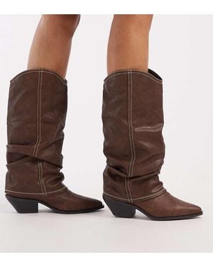 SEQWL Wide Fit Western Knee Boots With Rouching - Brown