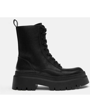 Pull&Bear Lace-up Flat Ankle Boots - Black