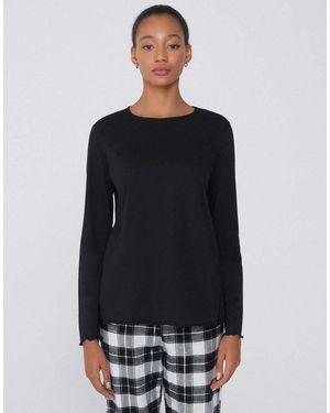 Tezenis Long Sleeve Cotton Top With Rolled Hem - Black