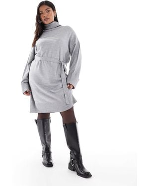 ONLY Roll Neck Knitted Sweater Dress With Tie Waist - Gray