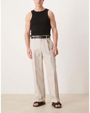 ASOS Smart Pleated Linen Rich Wide Leg Trousers - Natural