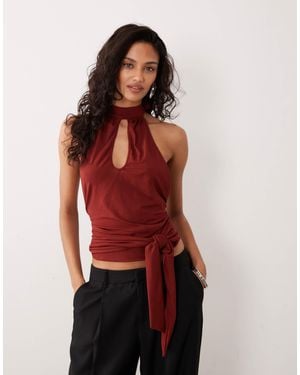 Motel Verbina Keyhole Halter Tie Waist Top - Red