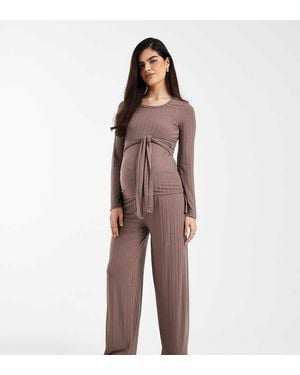 Mama.licious Mamalicious Maternity Ribbed Wide Leg Jersey Trousers Co-ord - Brown