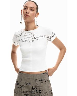Desigual T-Shirt Met Geribbelde Stof En Letters - Wit