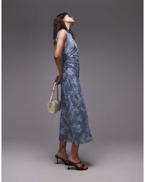 & Other Stories Mesh Midi Dress With Drape Detail - Blue