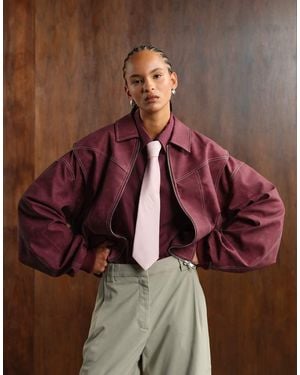Lioness Exclusive Vista Leather Look Contrast Stitch Bomber Jacket - Red