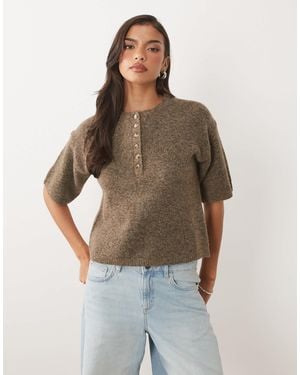 Nobody's Child Knitted Crew Neck Short Sleeve Relaxed Fit Henley Tee - Brown