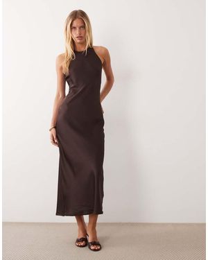 Vila Vestido Midi Satinado De Espalda De Nadador En Marrón Chocolate
