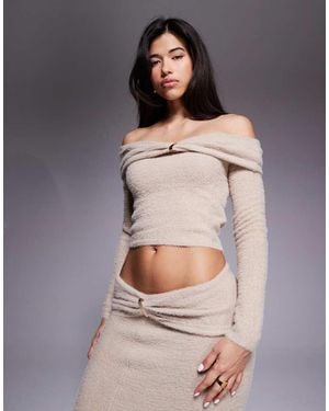Aria Cove Fluffy Knit Bardot Metal Detail Jumper Co-ord - Grey