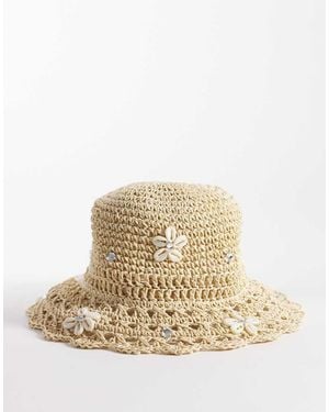 River Island Embroidered Straw Bucket Hat With Faux Shell Trim - Natural