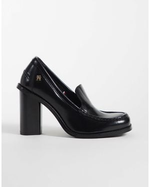 Tommy Hilfiger Real Premium Leather Heeled Loafers - Black