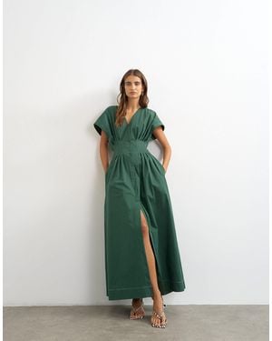 TOPSHOP exaggerated Shoulder Cinched Pintucked Waist Maxi Dress - Green