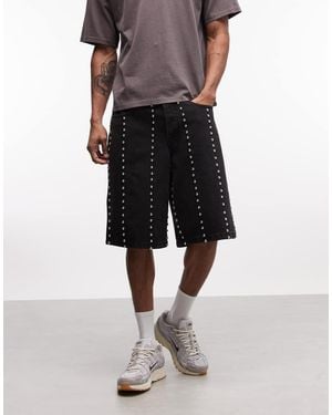 Liquor N Poker All-Over Stud Embellished Denim Jorts - Black