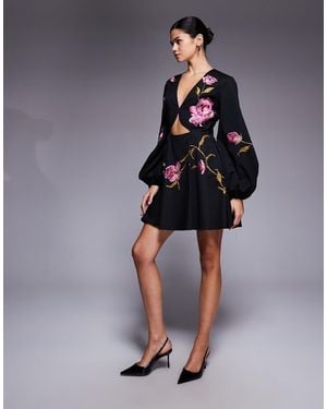 ASOS Cut Out Mini Dress With Floral Embroidery - Black